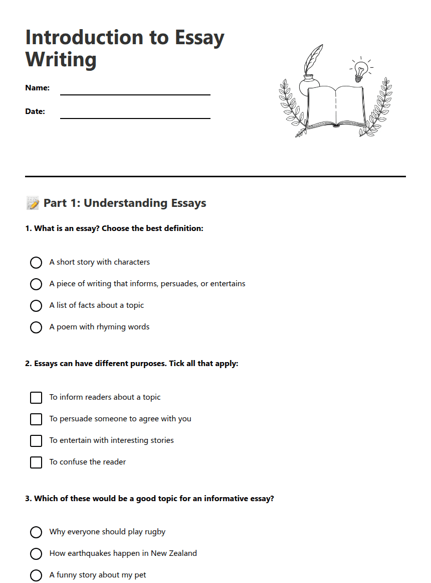 Introduction to Essay Writing worksheet preview