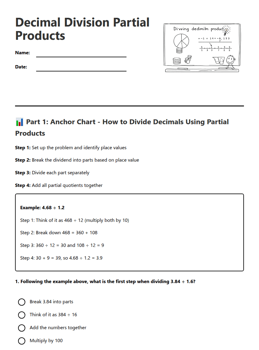 Decimal Division Partial Products worksheet preview