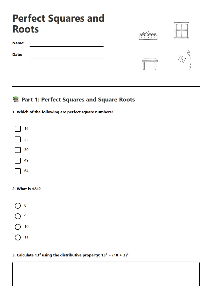 Perfect Squares and Roots worksheet preview