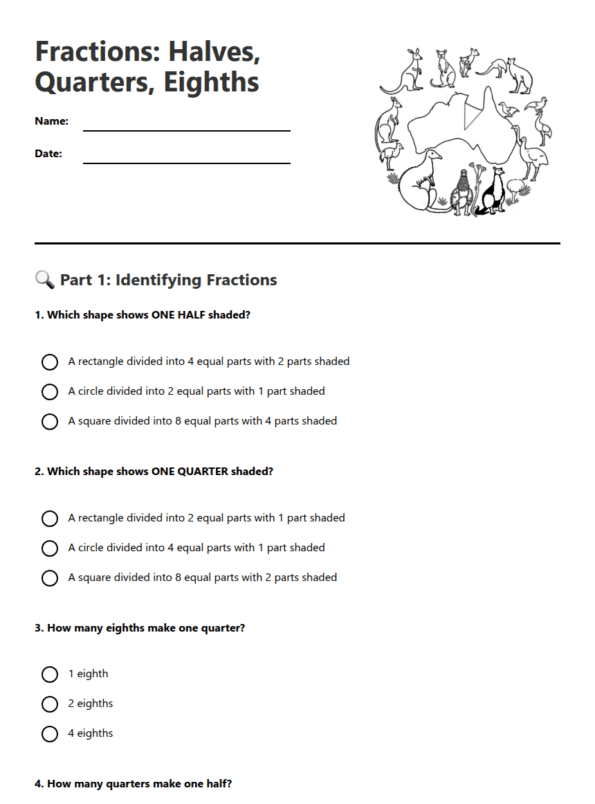 Fractions: Halves, Quarters, Eighths worksheet preview