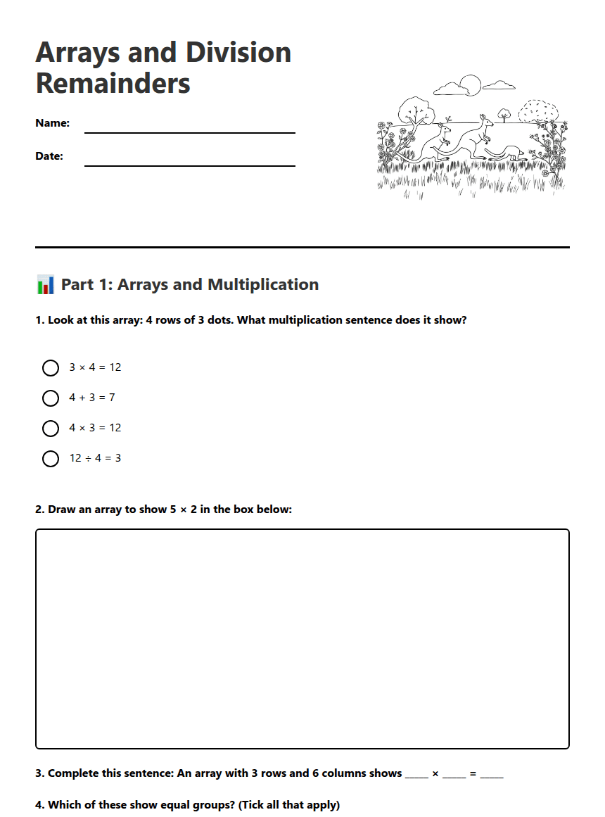 Arrays and Division Remainders worksheet preview