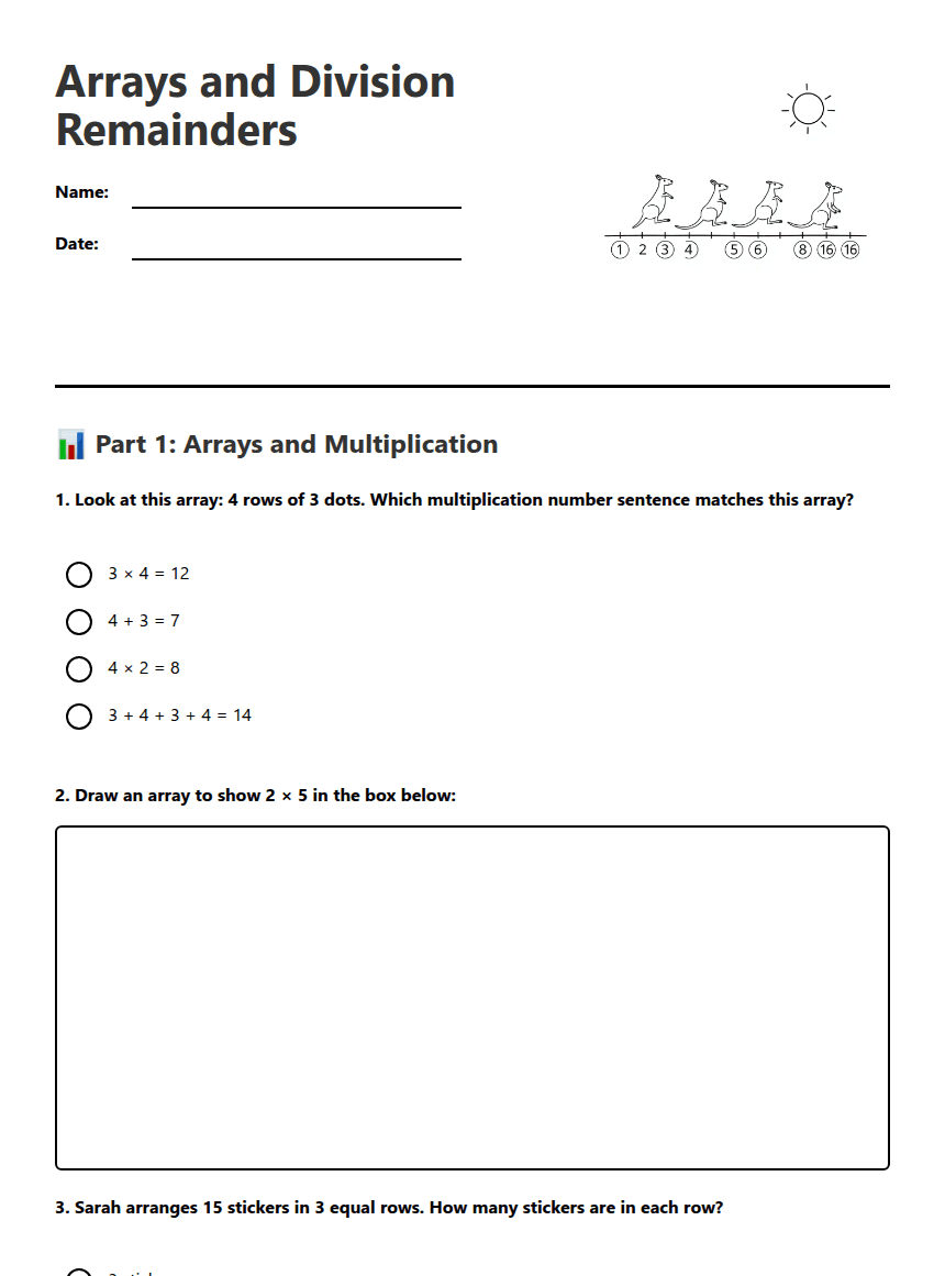 Arrays and Division Remainders worksheet preview