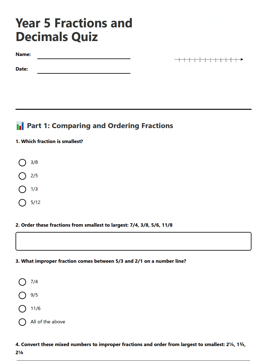 Year 5 Fractions Decimals worksheet preview