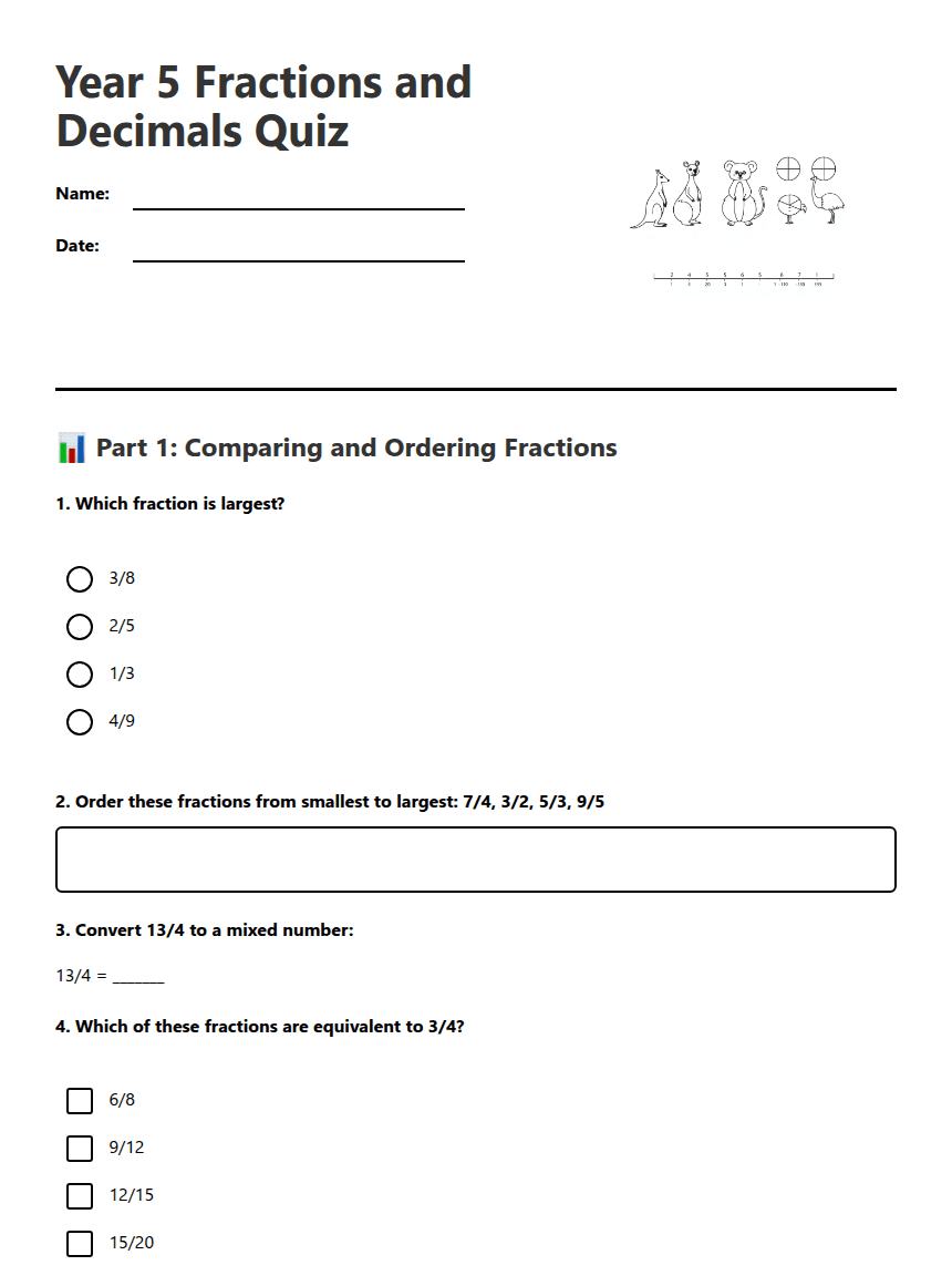 Year 5 Fractions Decimals Quiz worksheet preview