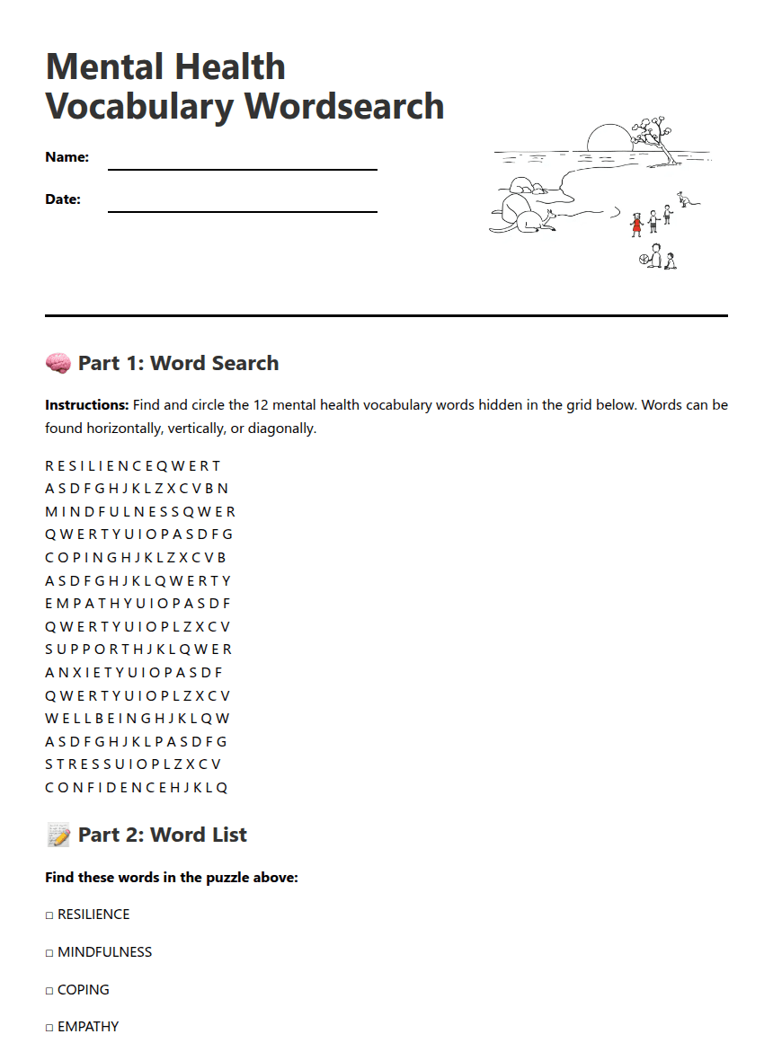 Mental Health Vocabulary Wordsearch worksheet preview