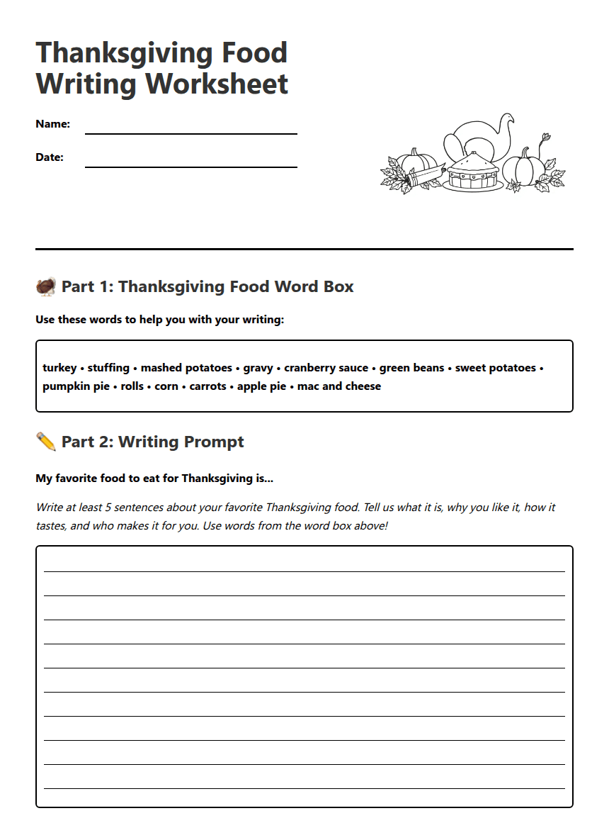 Thanksgiving Food Writing Worksheet worksheet preview