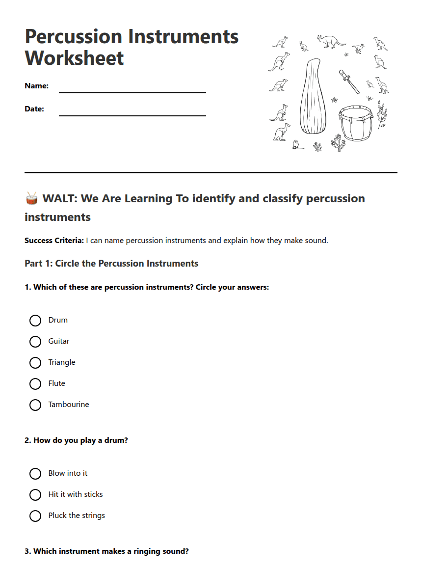 Percussion Instruments Worksheet worksheet preview