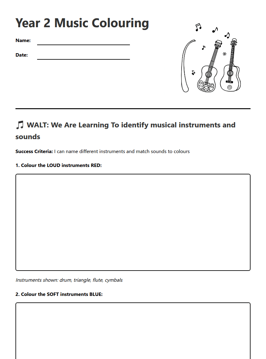 Year 2 Music Coloring worksheet preview