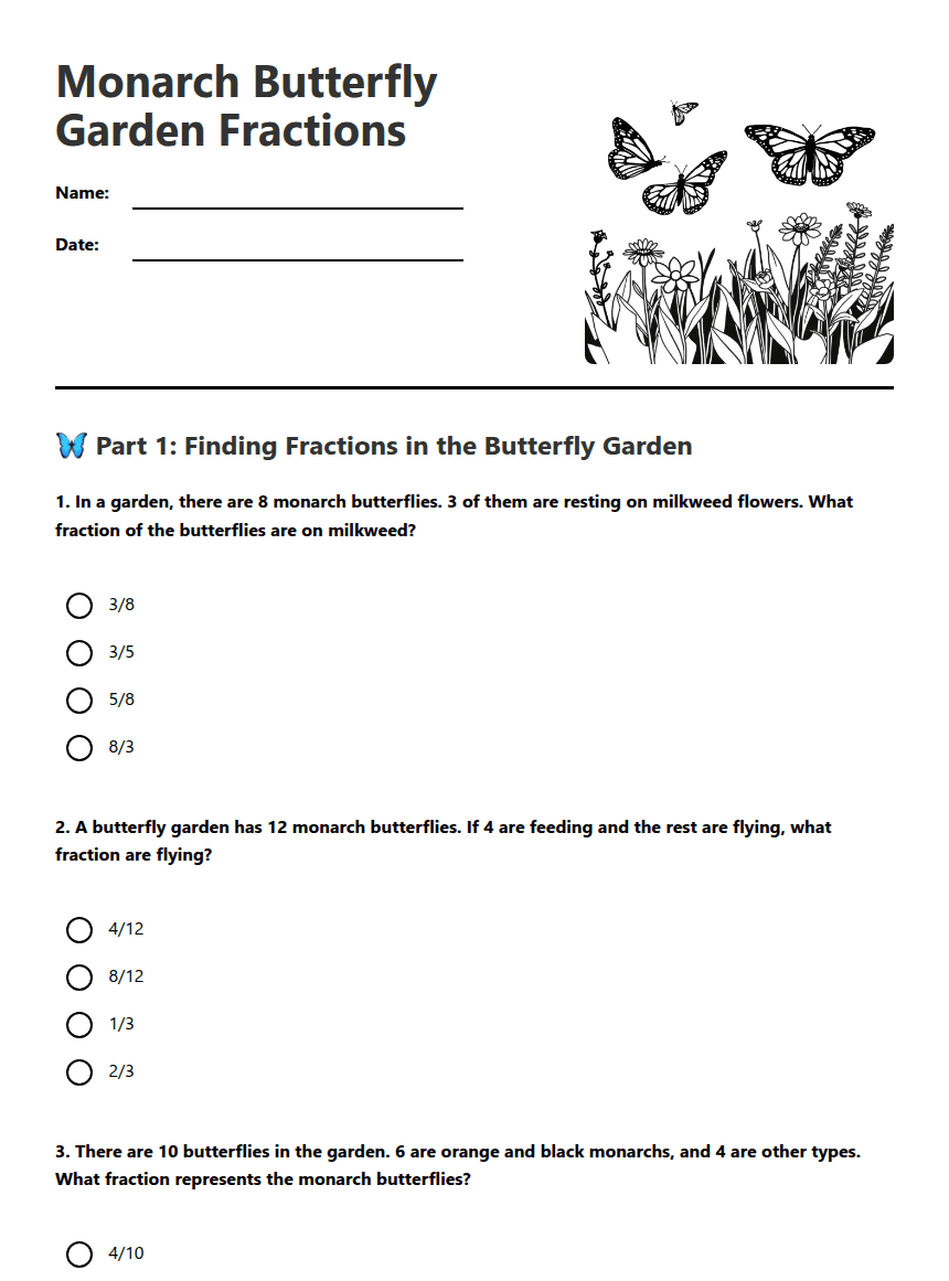 Monarch Butterfly Garden Fractions worksheet preview