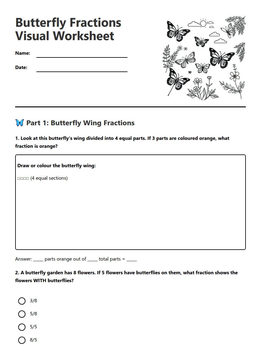 Butterfly Fractions Visual Worksheet worksheet preview