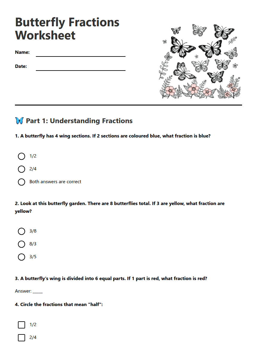 Butterfly Fractions Worksheet worksheet preview