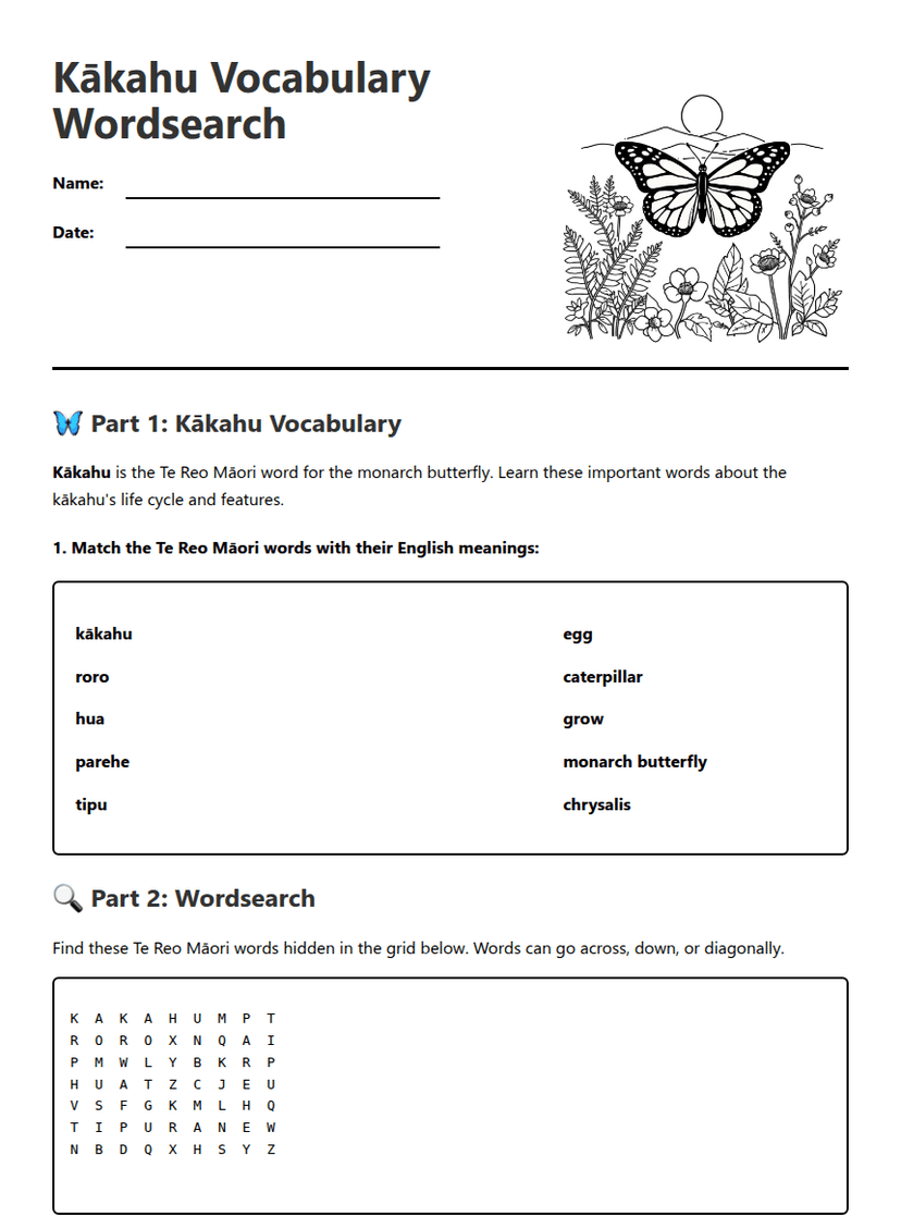 Kākahu Vocabulary Wordsearch