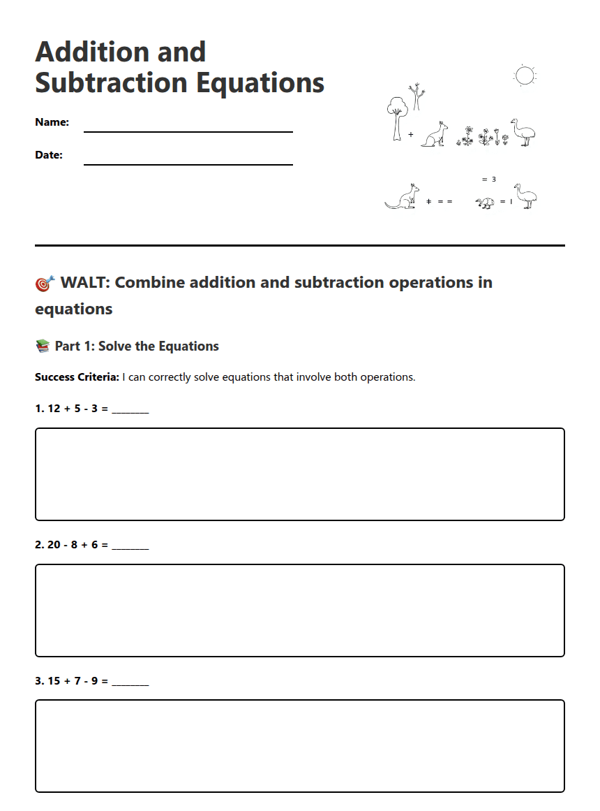 Addition and Subtraction Equations worksheet preview
