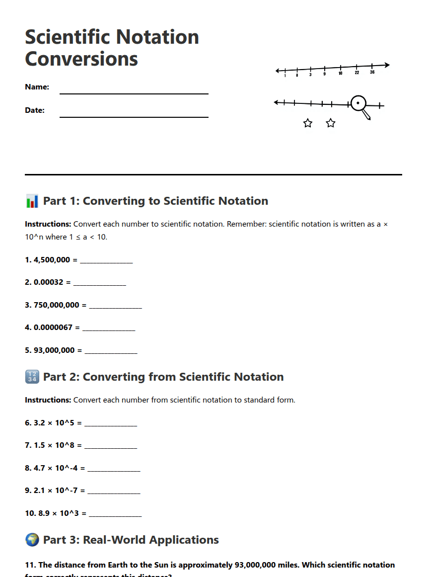 Scientific Notation Conversions worksheet preview