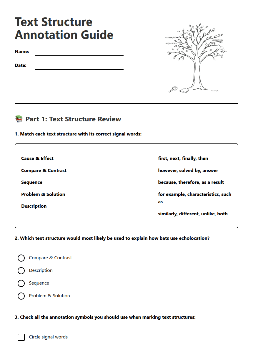 Text Structure Annotation Guide worksheet preview