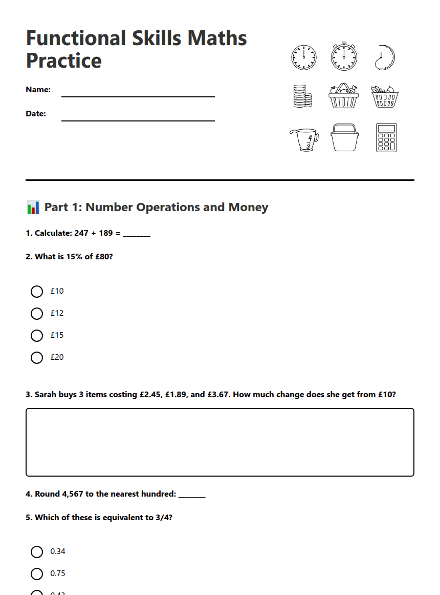 Functional Skills Maths Practice worksheet preview