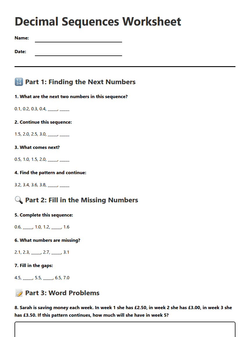 Decimal Sequences Worksheet worksheet preview