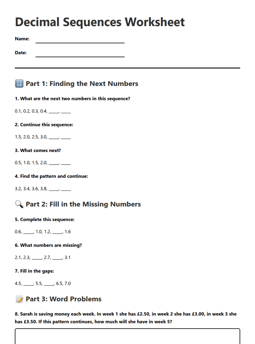 Decimal Sequences Worksheet