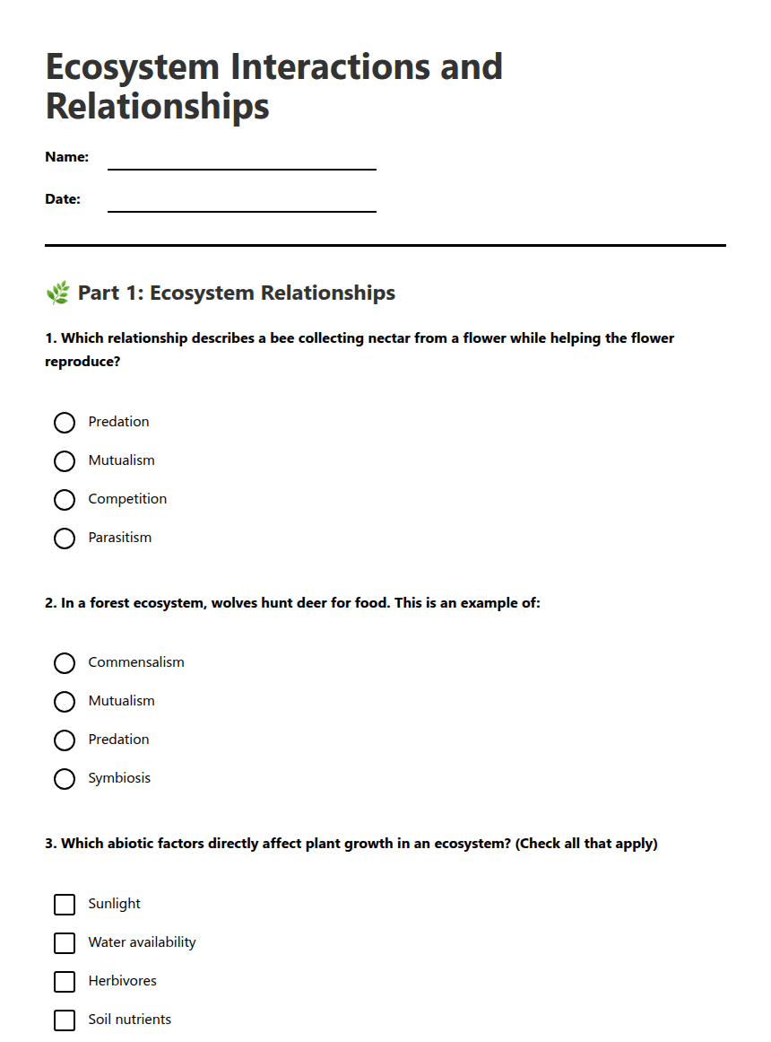 Ecosystem Interactions and Relationships worksheet preview