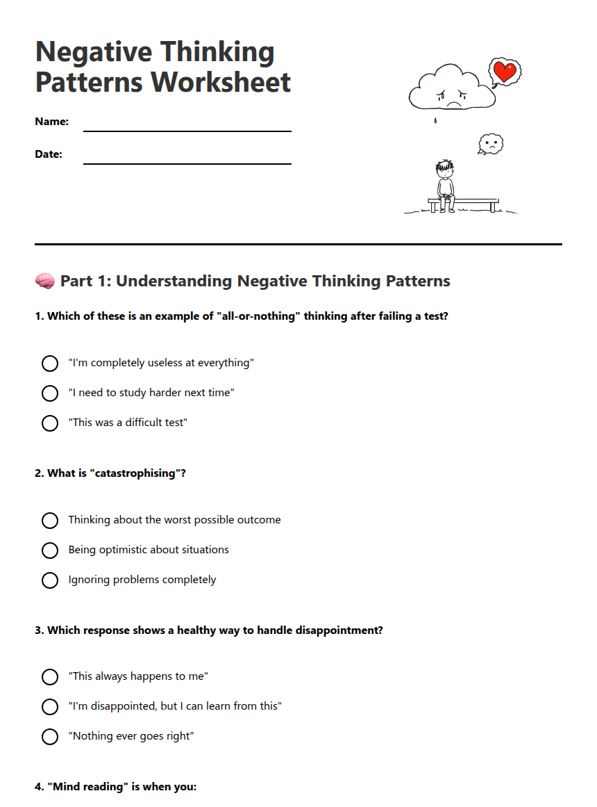 Negative Thinking Patterns Worksheet worksheet preview