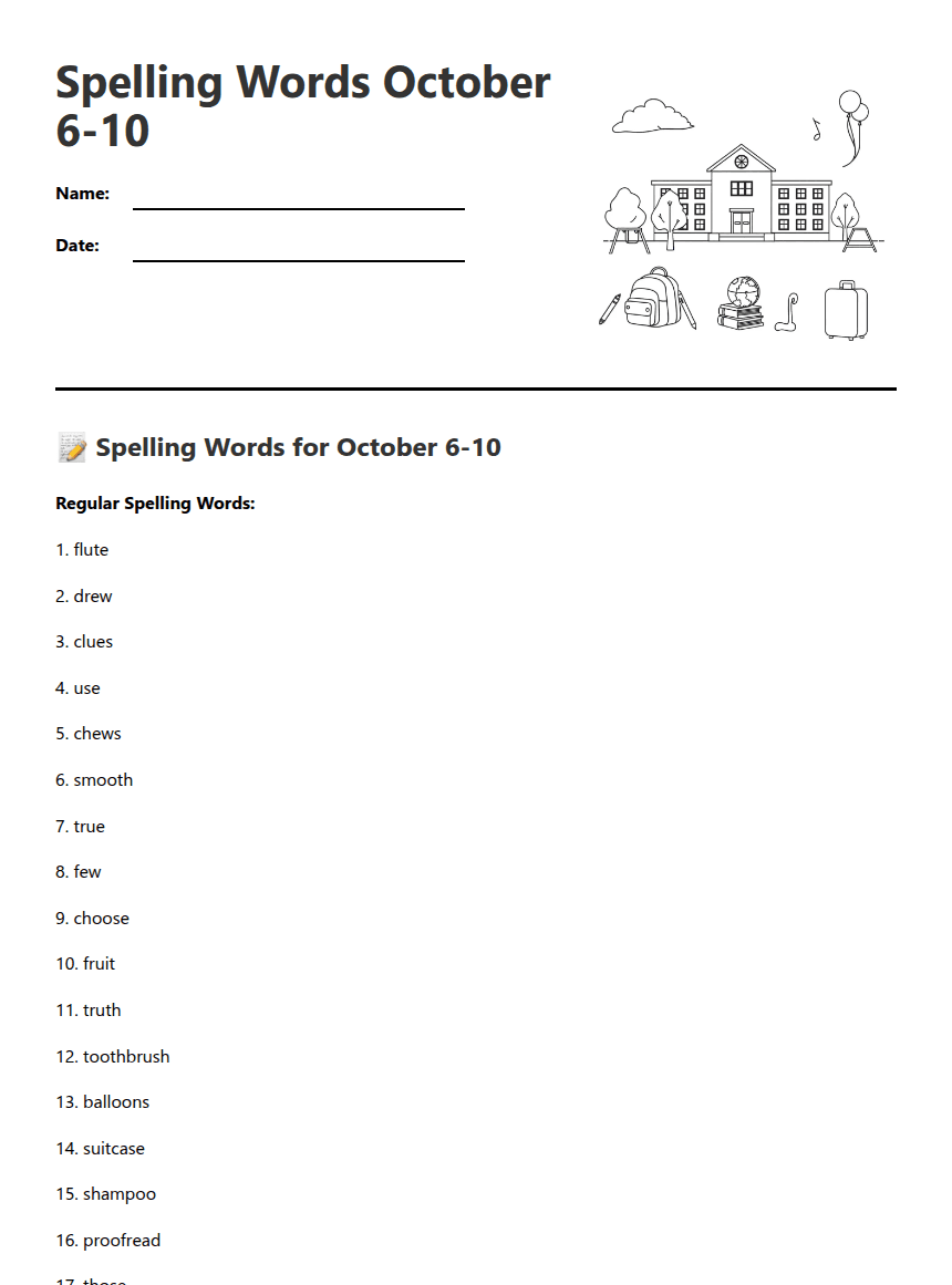 Spelling Words October 6-10 worksheet preview