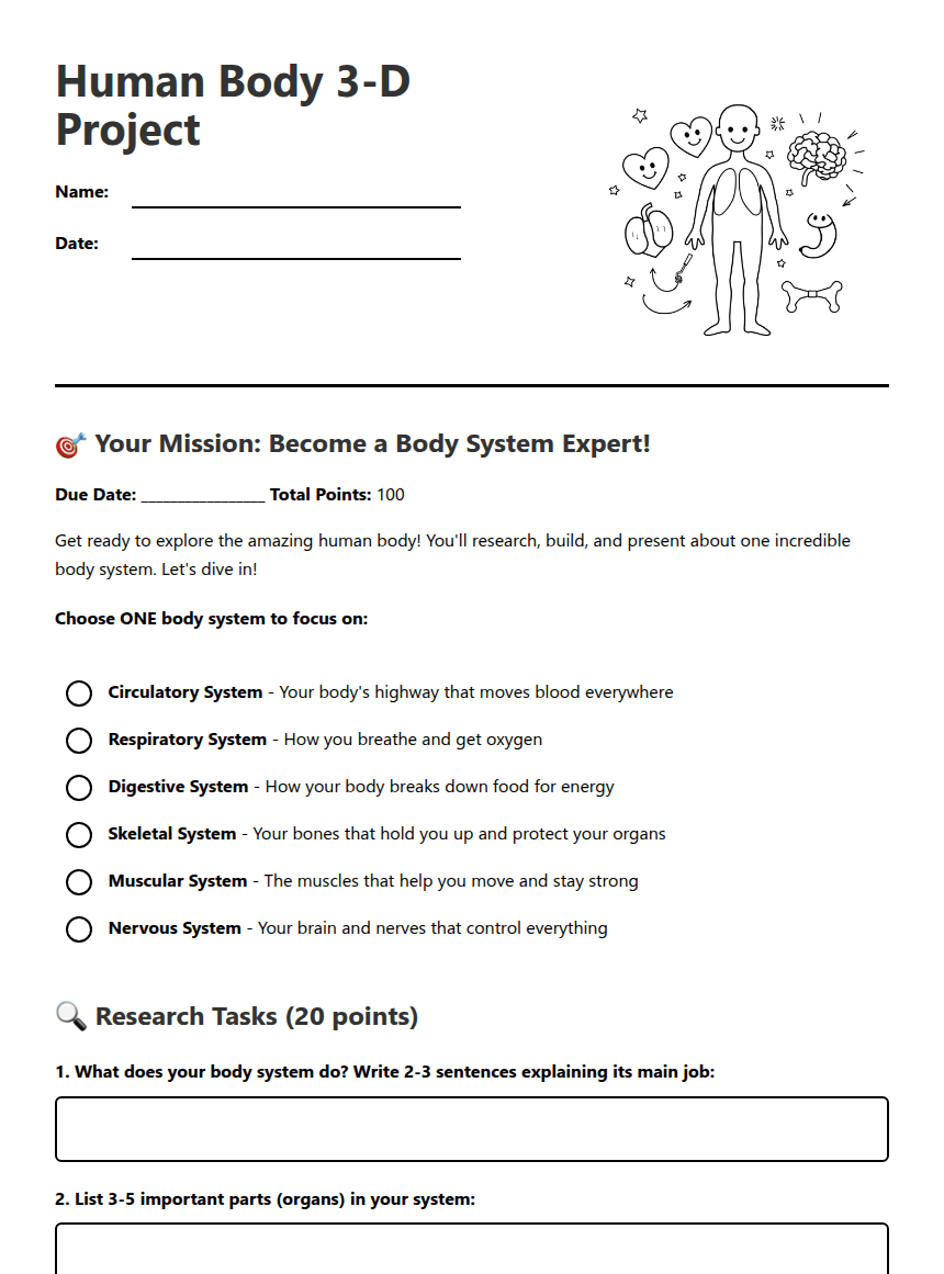 Human Body 3-D Project worksheet preview