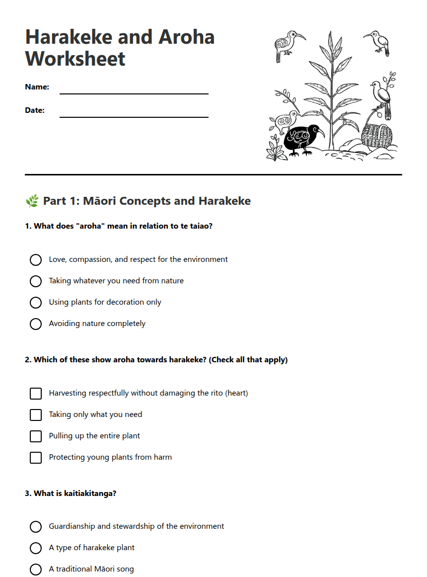 Harakeke and Aroha Worksheet worksheet preview