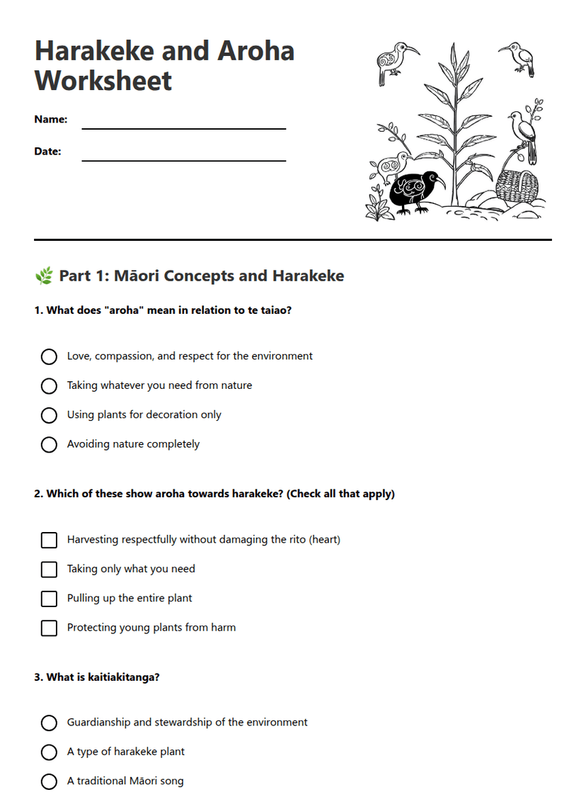 Harakeke and Aroha Worksheet