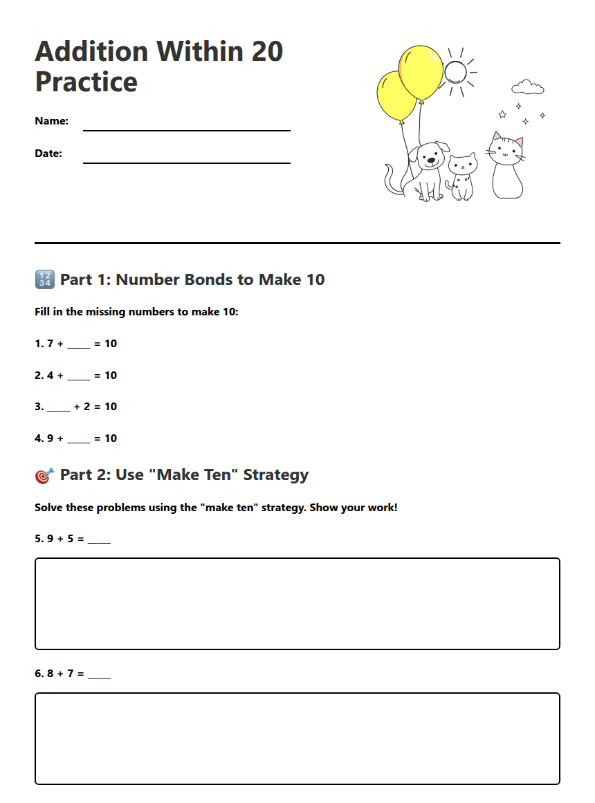 Addition Within 20 Practice worksheet preview