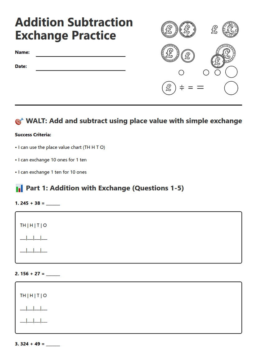 Addition Subtraction Exchange Practice