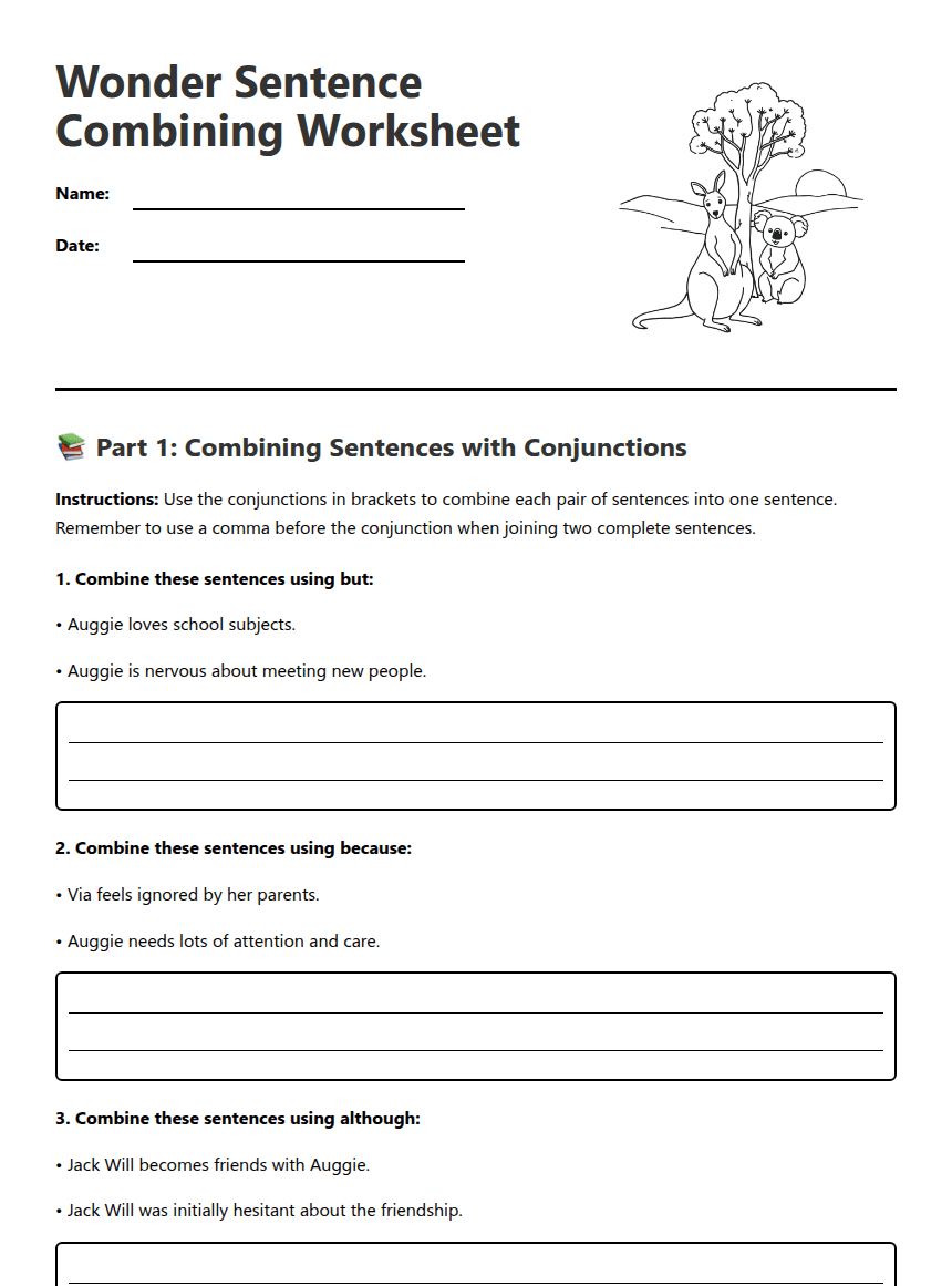 Wonder Sentence Combining Worksheet worksheet preview