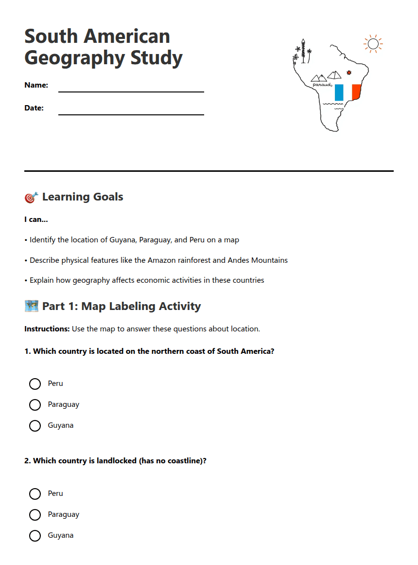 South American Geography Study worksheet preview