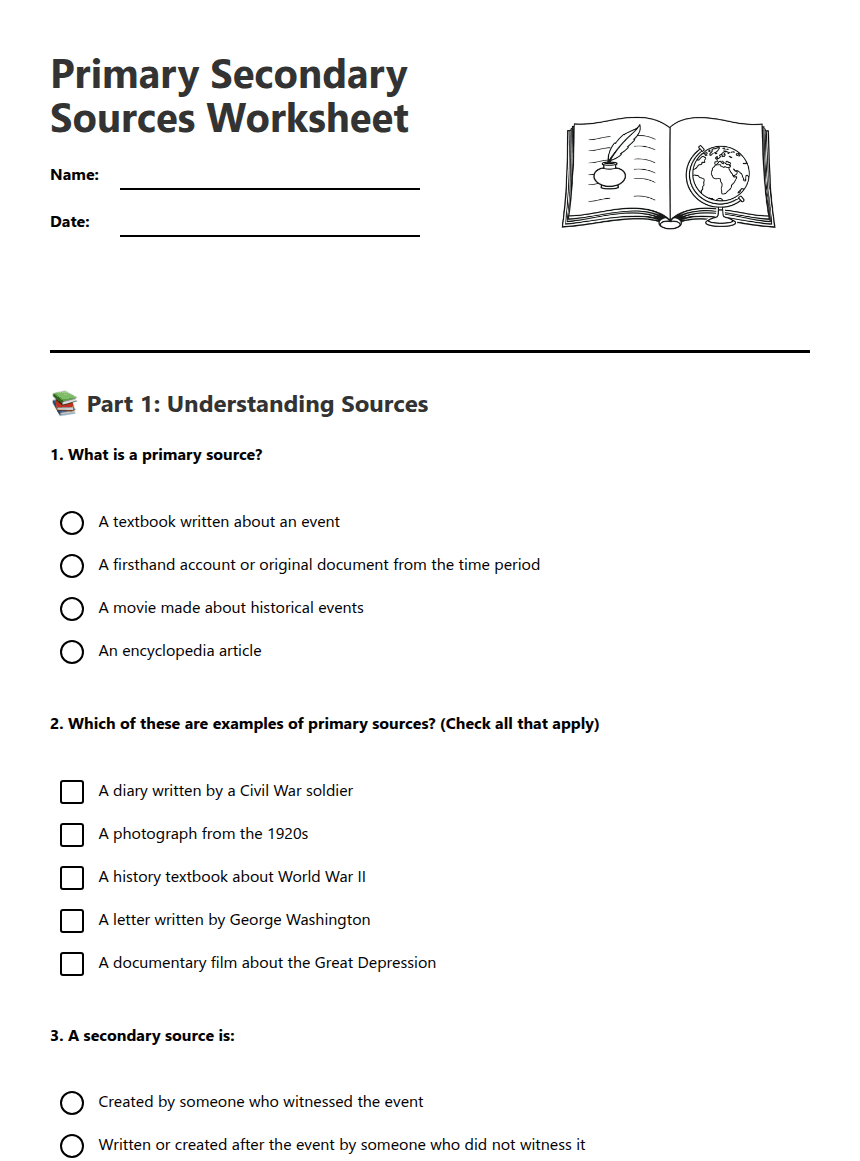 Primary Secondary Sources Worksheet worksheet preview