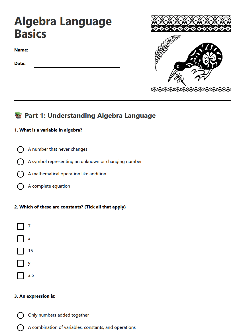 Algebra Language Basics worksheet preview