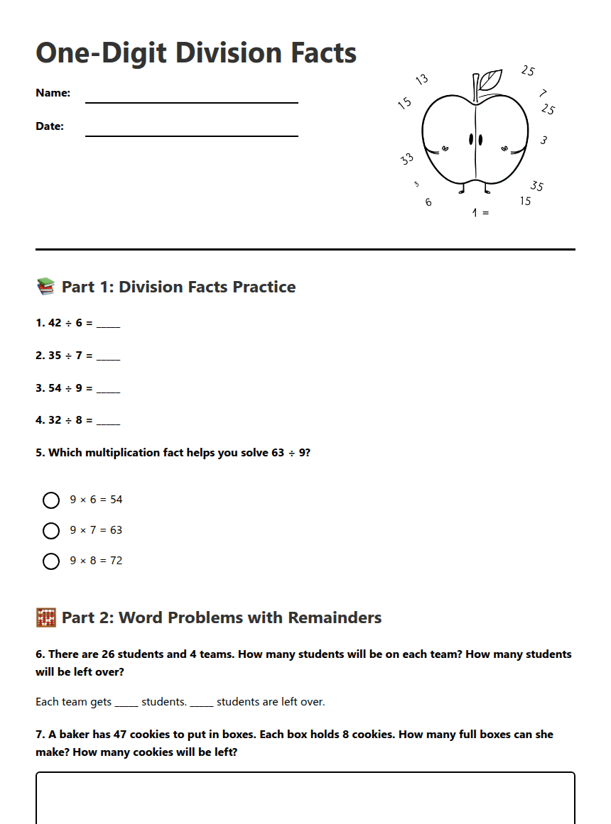 One-Digit Division Facts worksheet preview