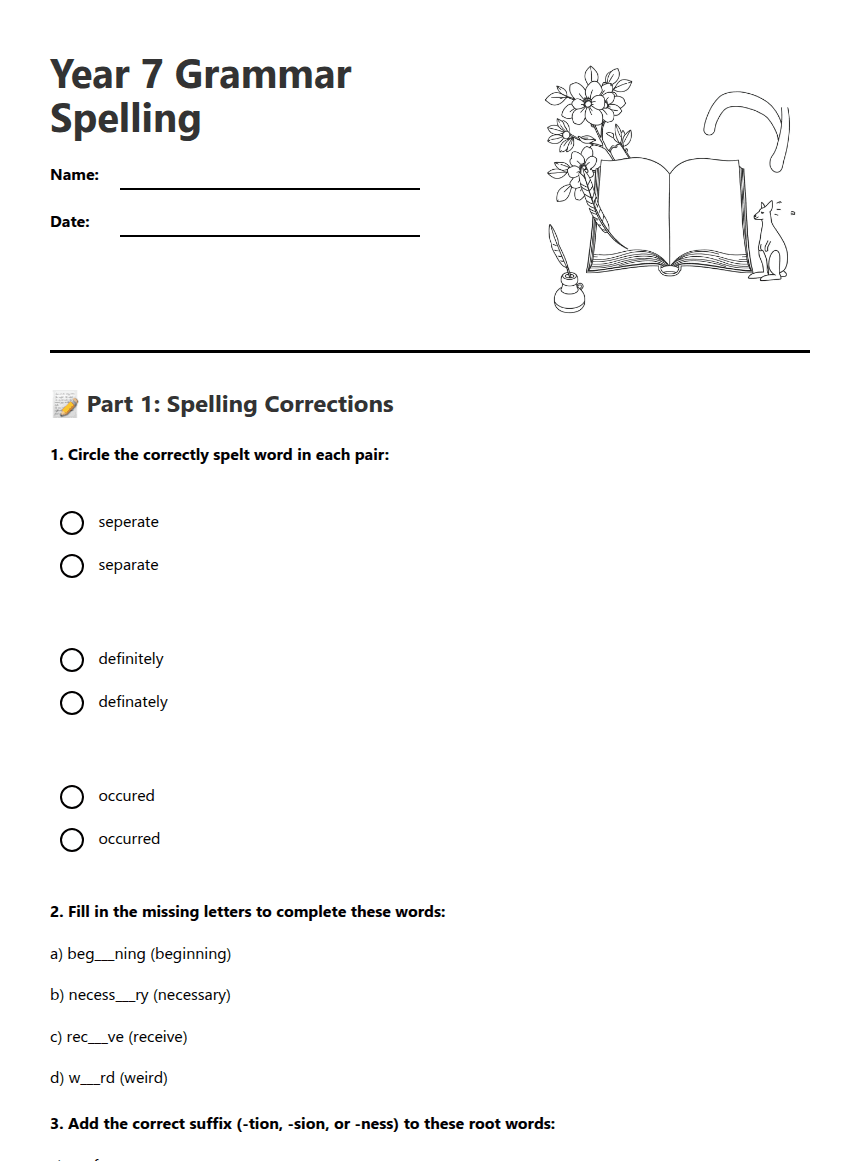 Year 7 Grammar Spelling worksheet preview