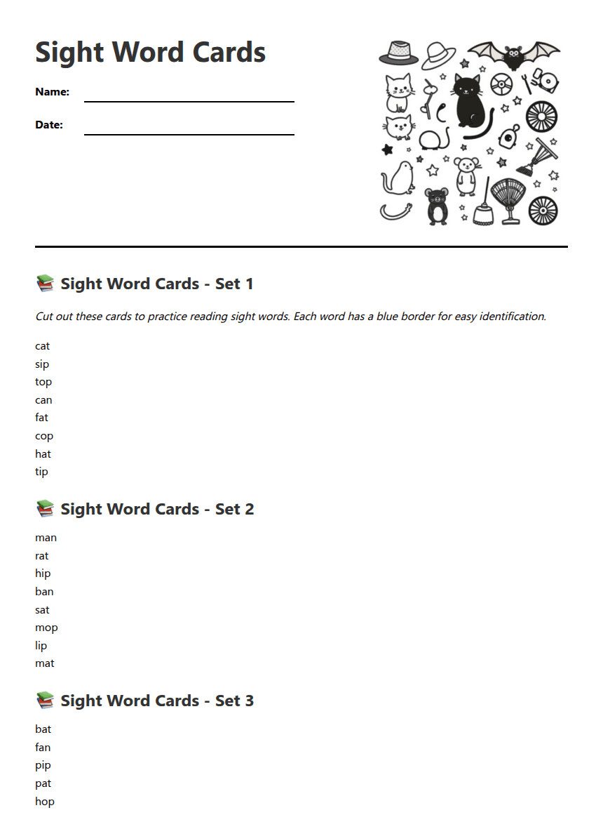 Sight Word Cards worksheet preview