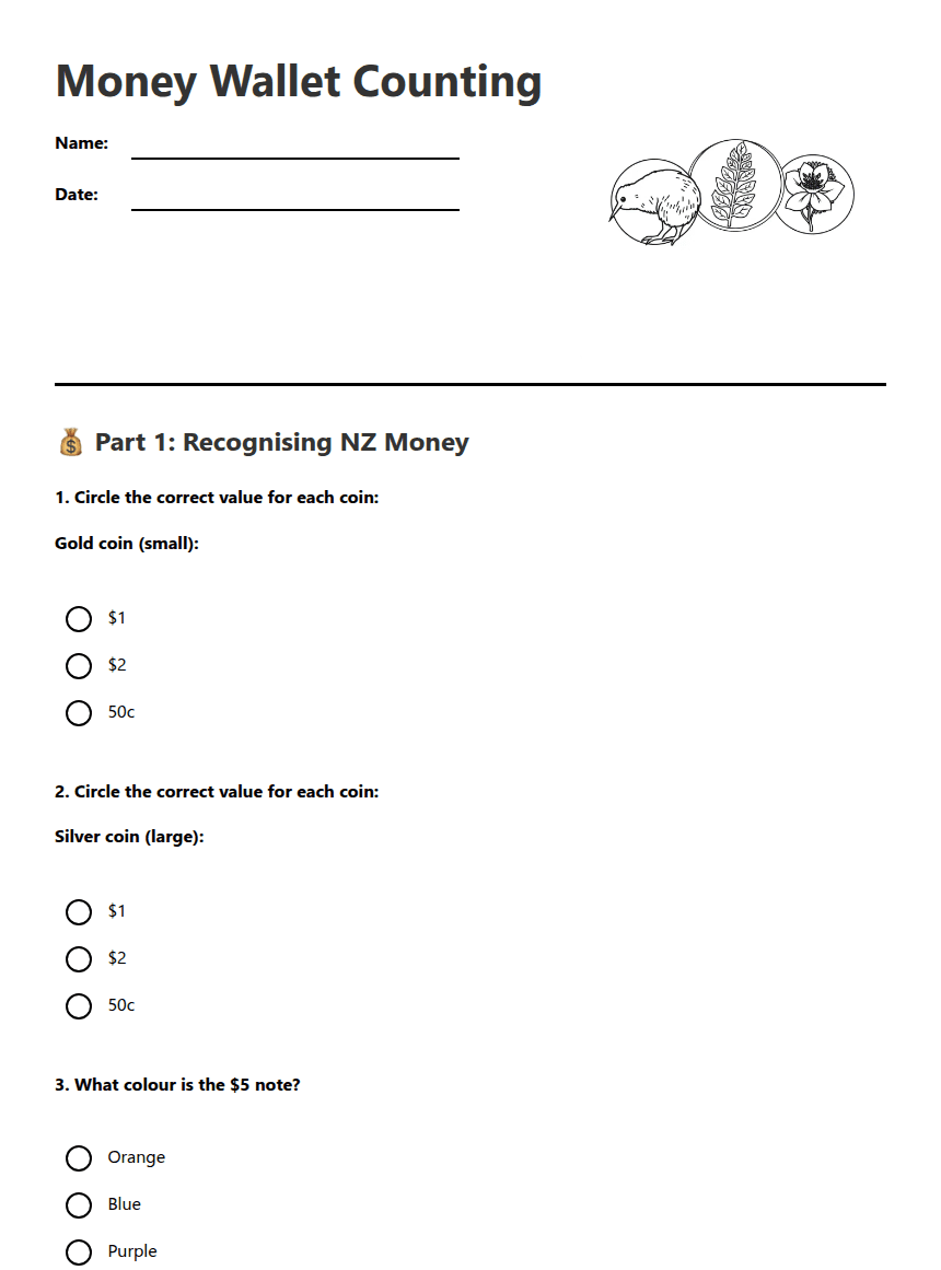Money Wallet Counting worksheet preview