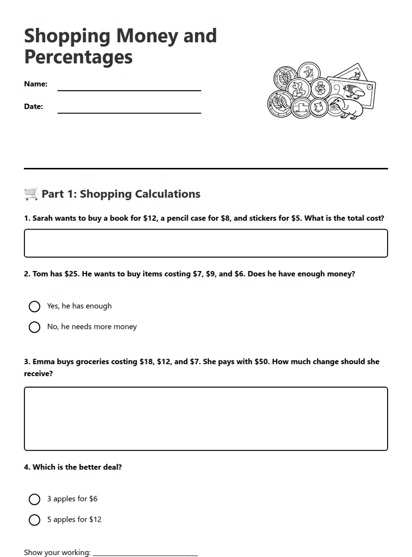 Shopping Money and Percentages
