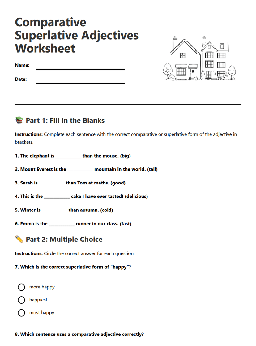 Comparative Superlative Adjectives Worksheet
