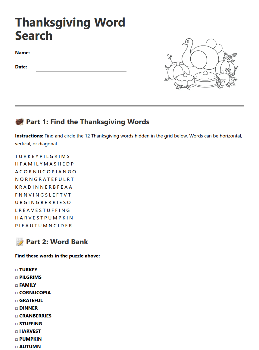 Thanksgiving Word Search worksheet preview