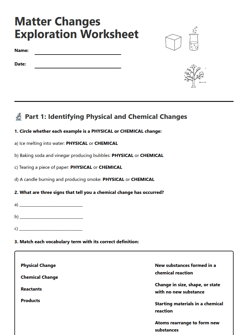 Matter Changes Exploration Answer Key worksheet preview