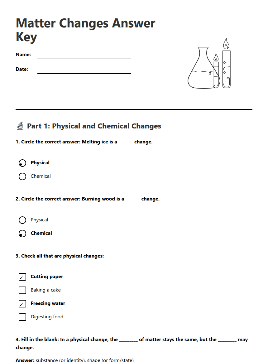 Matter Changes Answer Key worksheet preview