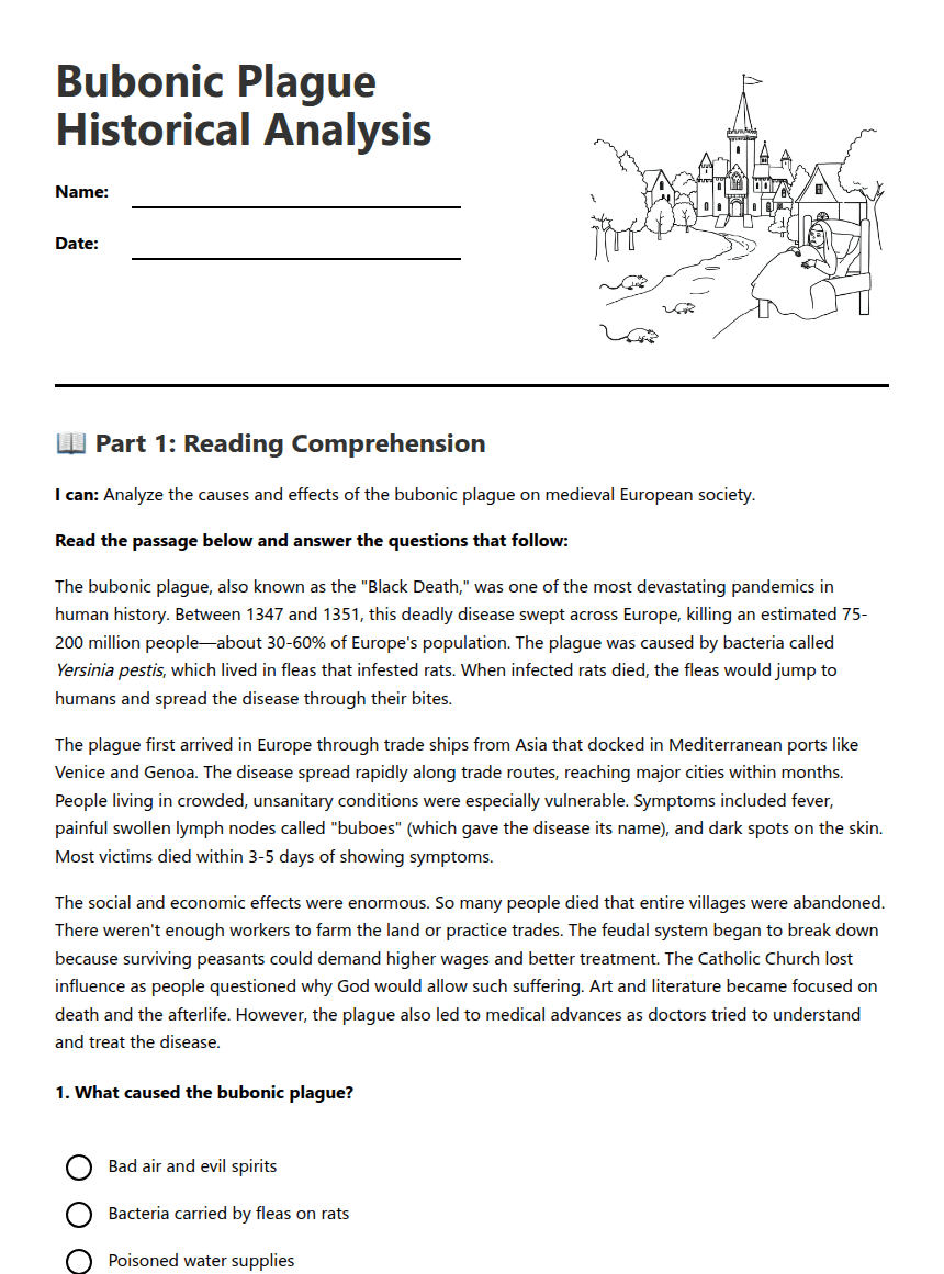 Bubonic Plague Historical Analysis worksheet preview