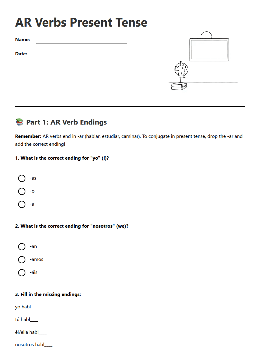 AR Verbs Present Tense worksheet preview