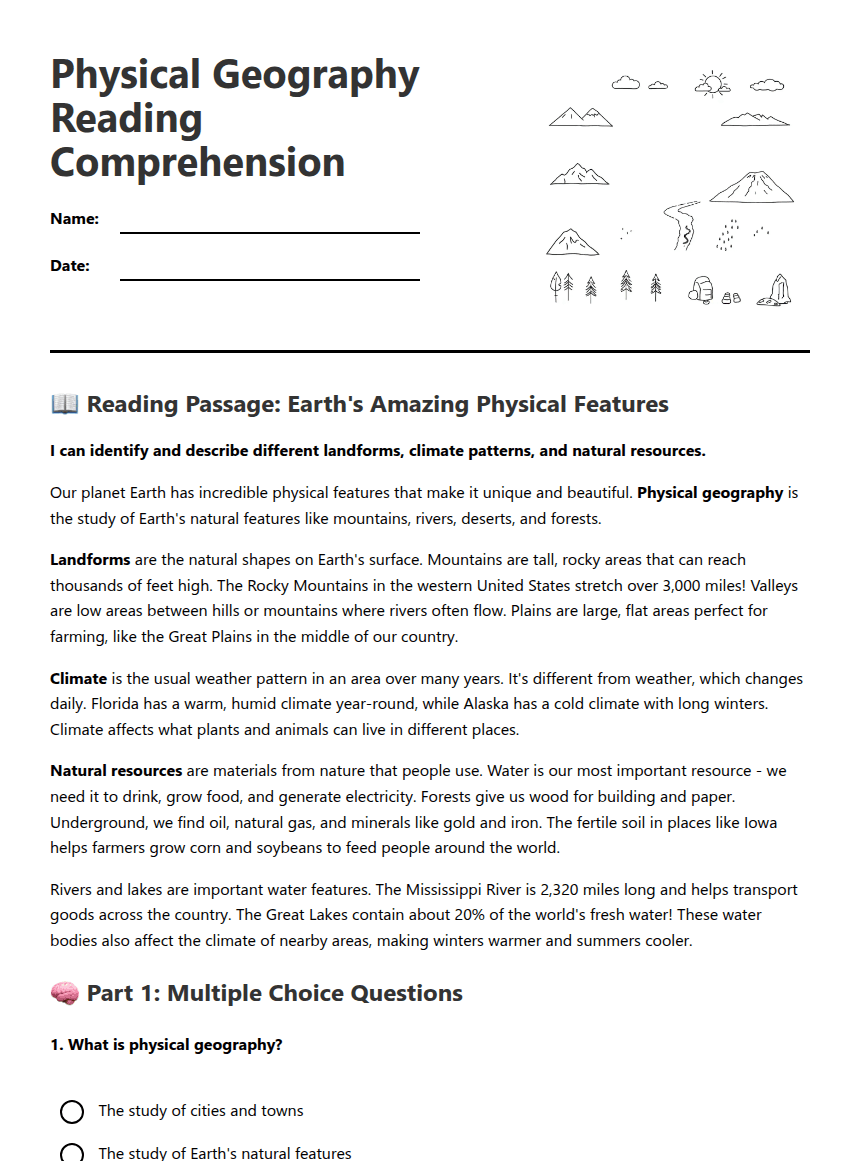 Physical Geography Reading Comprehension worksheet preview