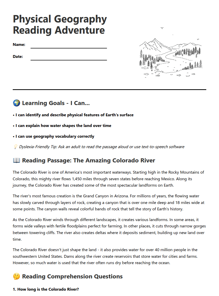 Physical Geography Reading Adventure worksheet preview
