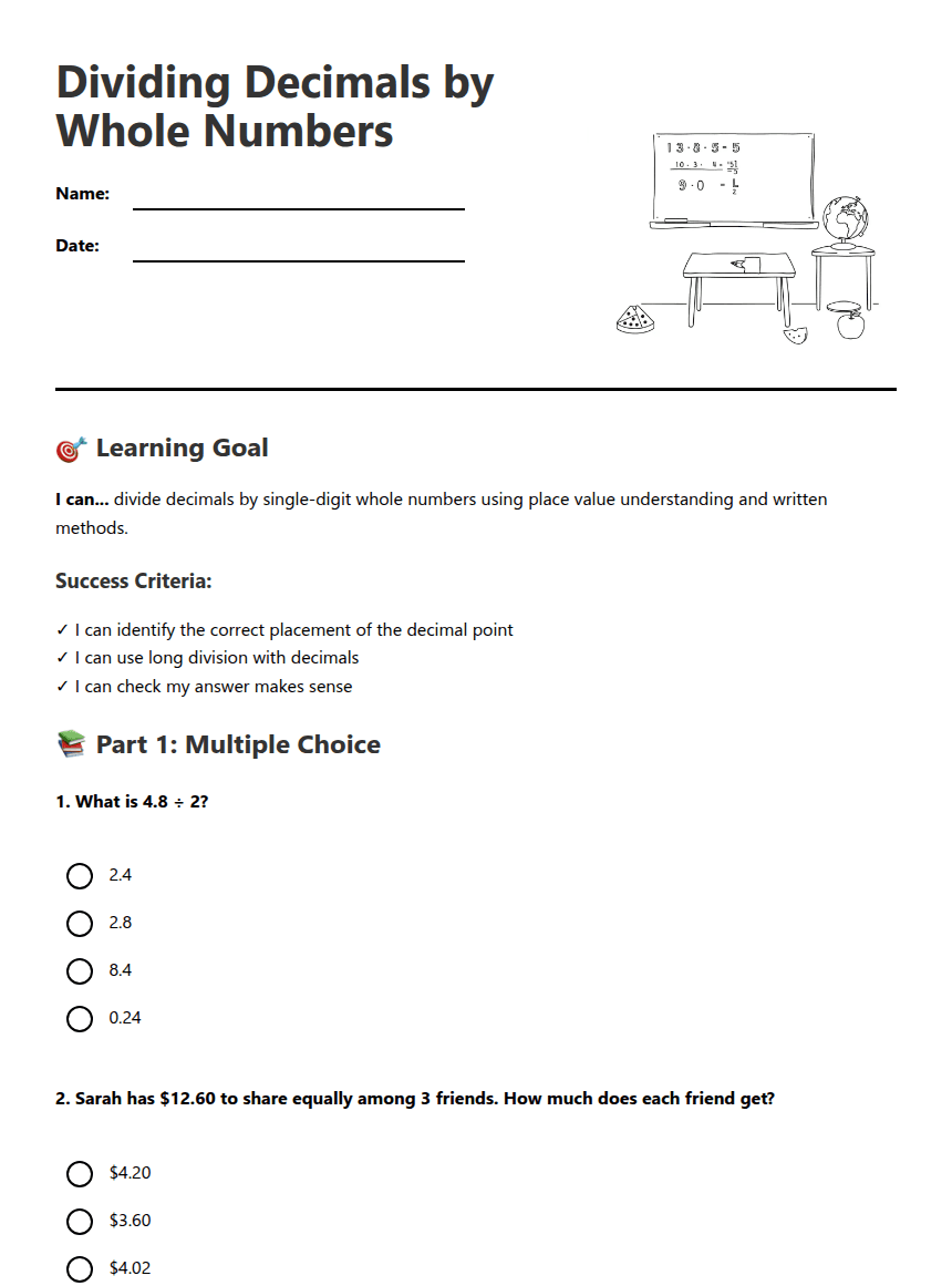 Dividing Decimals by Whole Numbers worksheet preview