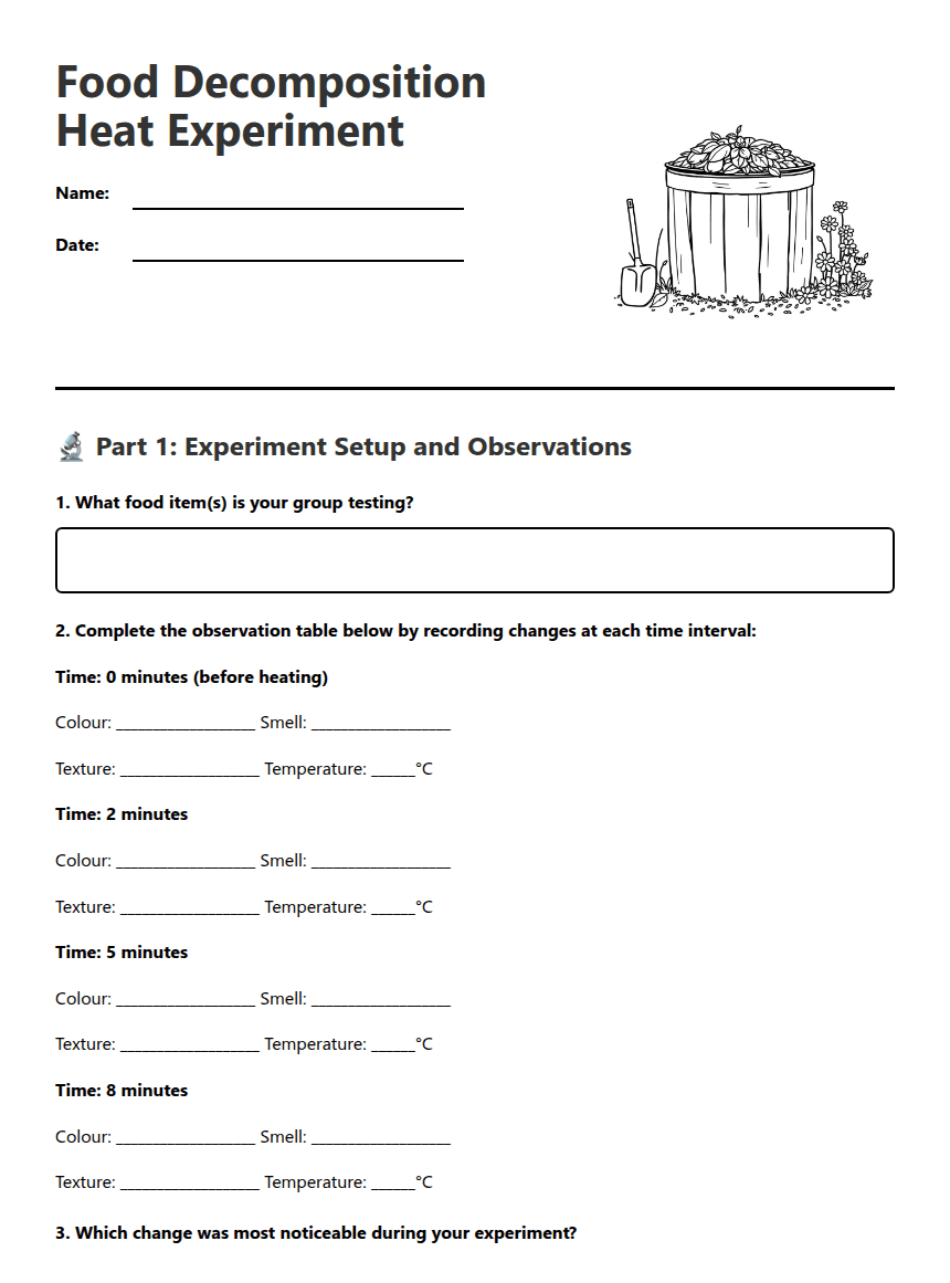 Food Decomposition Heat Experiment worksheet preview