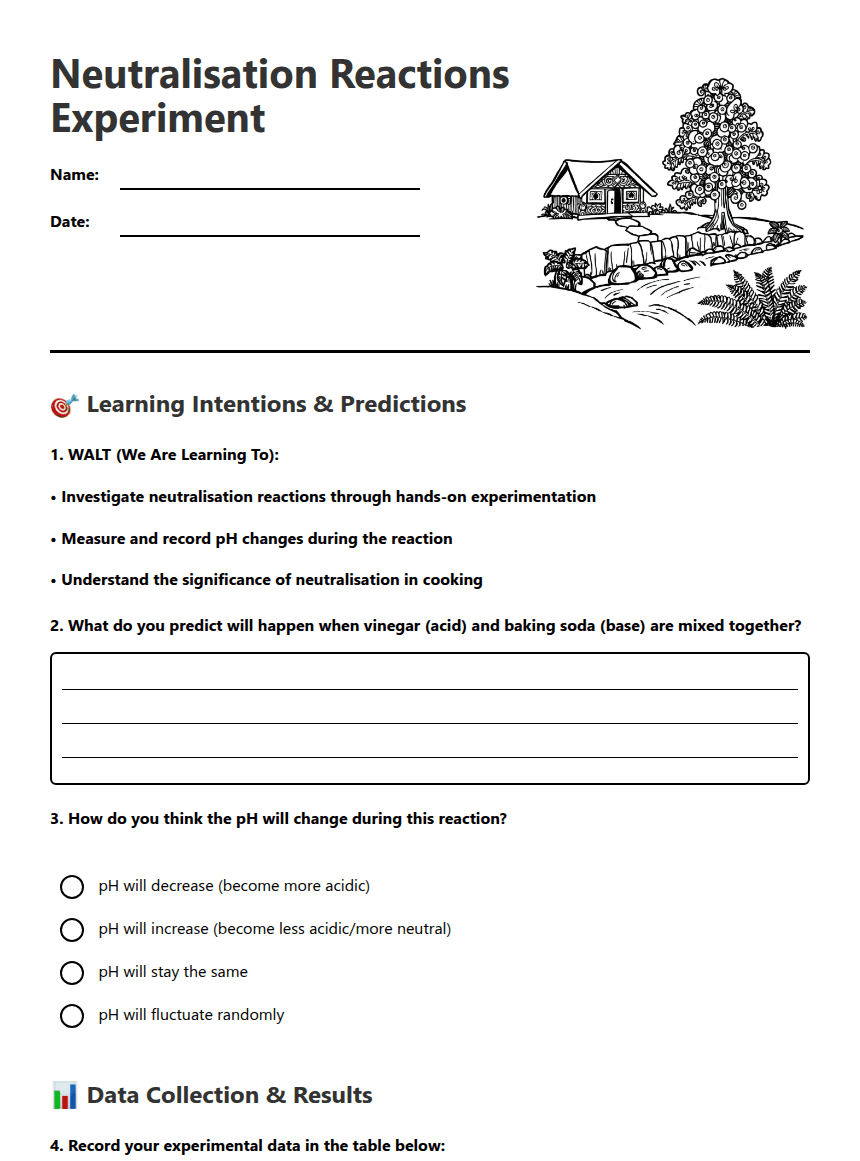 Neutralisation Reactions Experiment worksheet preview